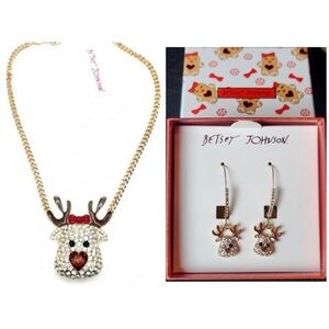BETSEY JOHNSON SET Christmas Rudolph Red-Nosed Reindeer Necklace & Earrings NWT